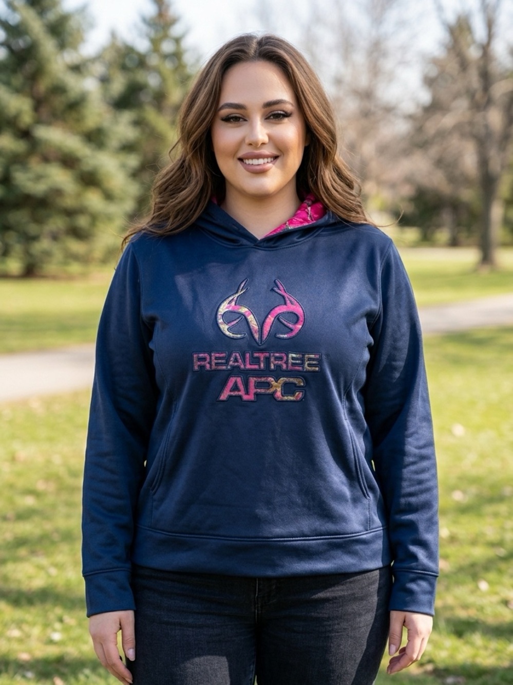 Realtree APC Navy Hoodie with Pink Camo Logo - Size XL
